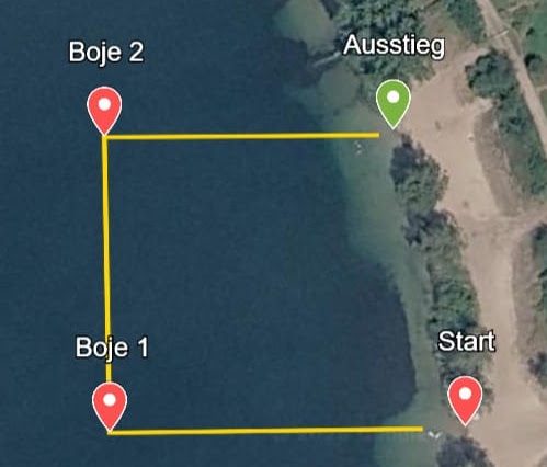Luftbild des Schwimmkurses BergKIDS: Start – Boje 1 – Boje 2 – Ausstieg, ufernah