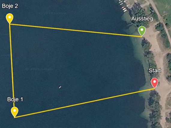 Luftbild des Schwimmkurses Jedermann: Start – Boje 1 – Boje 2 – Ausstieg